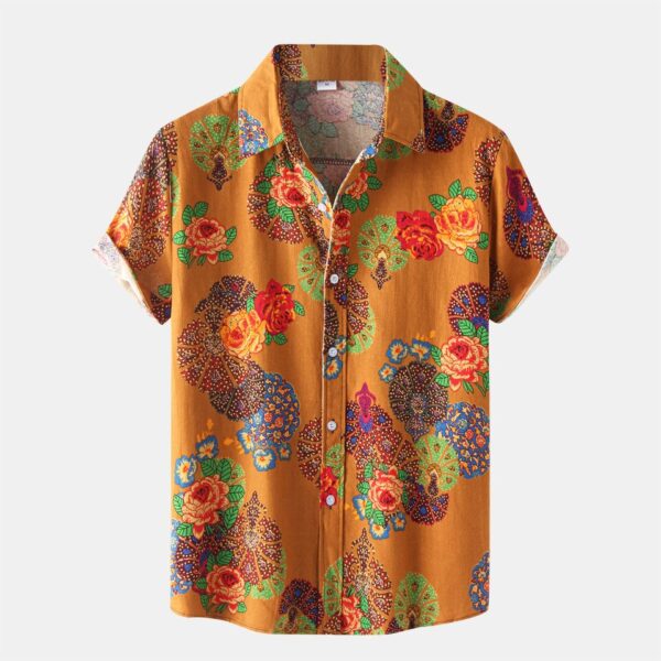 Tropical Short Sleeve Button Up Collared Shirt in Orange