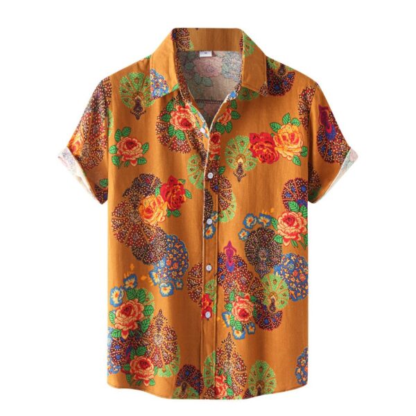 Tropical Short Sleeve Button Up Collared Shirt in Orange - Image 4