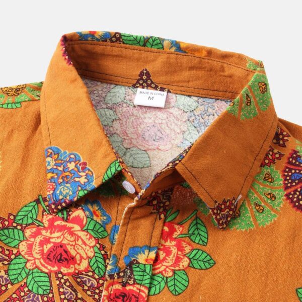 Tropical Short Sleeve Button Up Collared Shirt in Orange - Image 2