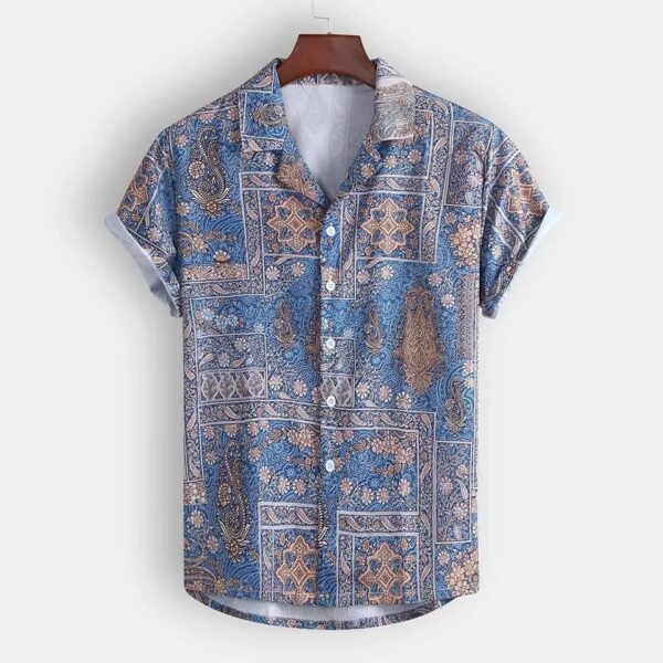 Blue Vintage Casual Short Sleeve Button Up Collared Shirt