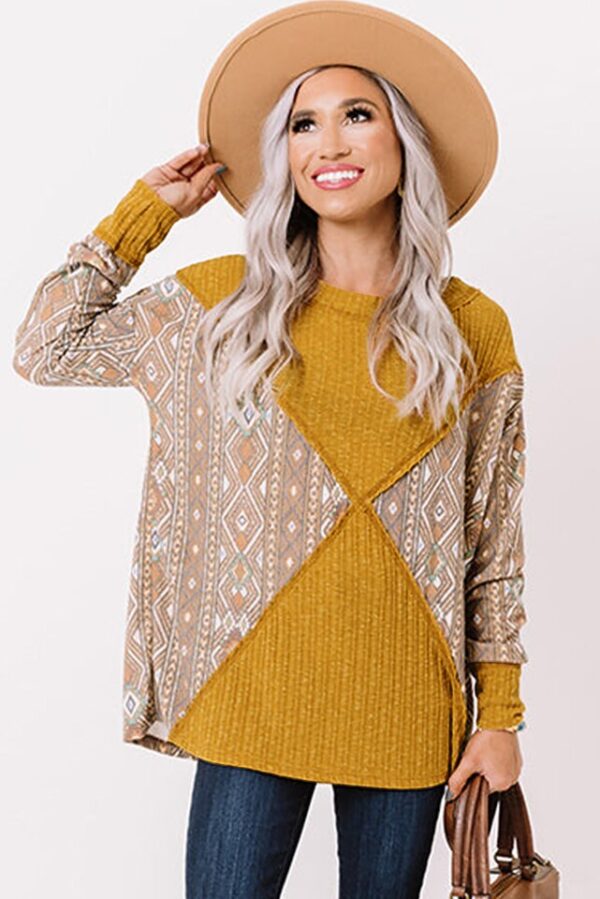 Orange Geometric Print Ribbed Knit Top - Image 4